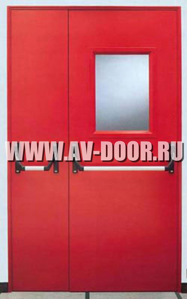 Дверь противопожарная двупольная с антипаникой и квадратным стеклом красная ДМП-2О