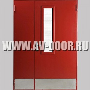 Дверь двупольная дымогазонепроницаемая с прямоугольным стеклом красная ДМП-2О