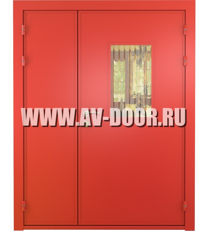 Дверь противопожарная двустворчатая с прямоугольным стеклом красная ДМП-2О