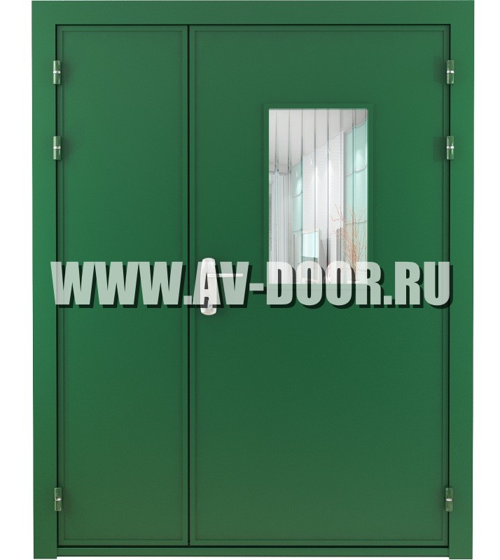Дверь противопожарная двупольная с порогом и квадратным стеклом ДМП-2О