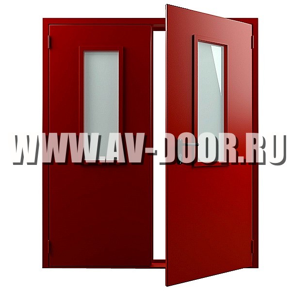 Дверь противопожарная двупольная с двумя прямоугольными стёклами ДМП-2О