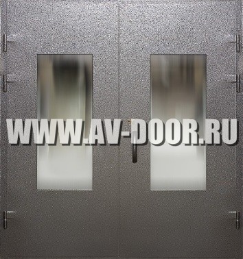 Дверь противопожарная двупольная с выпадающим порогом и прямоугольным стеклом ДМП-2О