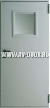 Дверь противопожарная с выпадающим порогом и квадратным стеклом серая ДМП-1О