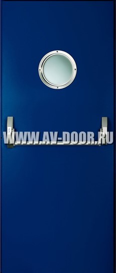 Дверь противопожарная однопольная с иллюминатором и антипаникой синяя ДМП-1О