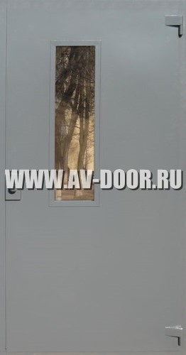 Дверь серая противопожарная одностворчатая с прямоугольным стеклом ДМП-1О