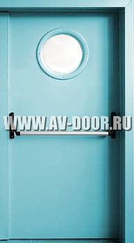 Дверь противопожарная однопольная с иллюминатором и антипаникой голубая ДМП-1О