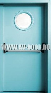 Дверь противопожарная однопольная с иллюминатором и антипаникой голубая ДМП-1О
