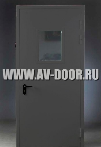Дверь противопожарная однопольная с квадратным стеклом темно серая ДМП-1О