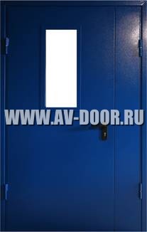 Дверь противопожарная двустворчатая с прямоугольным стеклом синяя ДМП-2О