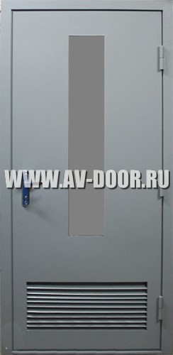 Дверь противопожарная одностворчатая с прямоугольным стеклом с решеткой серая ДМП-1О