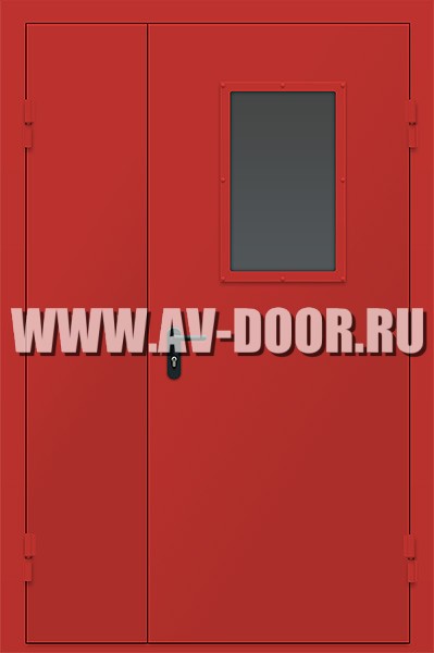 Дверь противопожарная двустворчатая с прямоугольным стеклом и выпадающим порогом ДМП-2О