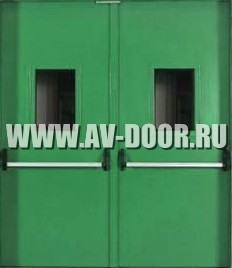 Дверь противопожарная двустворчатая с антипаникой и прямоугольными стёклами ДМП-2О