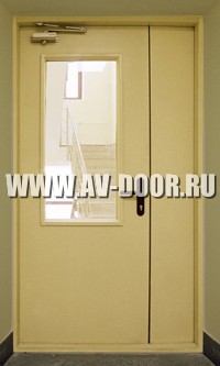 Дверь противопожарная полуторопольная с прямоугольным стеклом без порога ДМП-2О