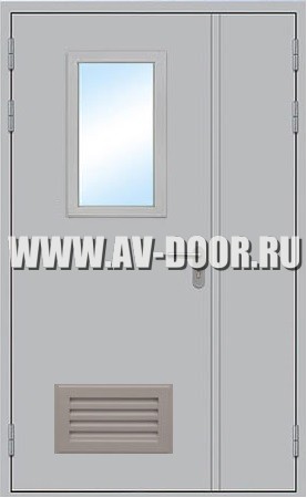 Дверь металлическая противопожарная полуторная с остеклением вент.решеткой ДМП-1.5O EI-60 