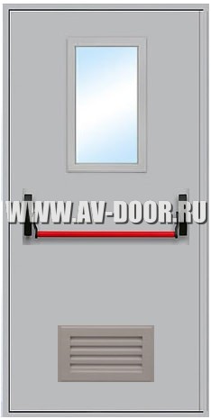 Дверь металлическая противопожарная одностворчатая с остеклением антипаникой  вент.решеткой ДМП-1O EI-60 