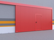 Красные откатные противопожарные ворота с калиткой для завода