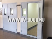 Двупольная серая дверь со стеклом в медучреждении